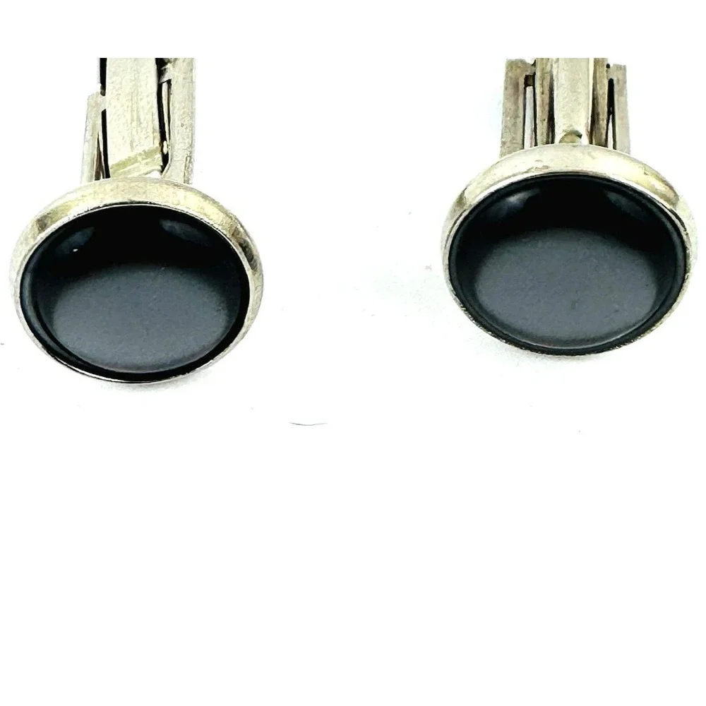 Swank Mens Vintage Silver Tone Black Cabochon Cufflinks and Tie Clip Set MCM